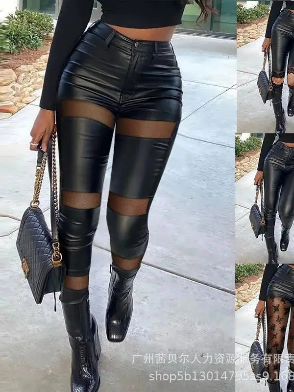Women's New Elastic Small Leg PU Leather Pants Series Black Mesh Lace Pu Sexy Women Trousers 2025 New Fashion Pants M4MG