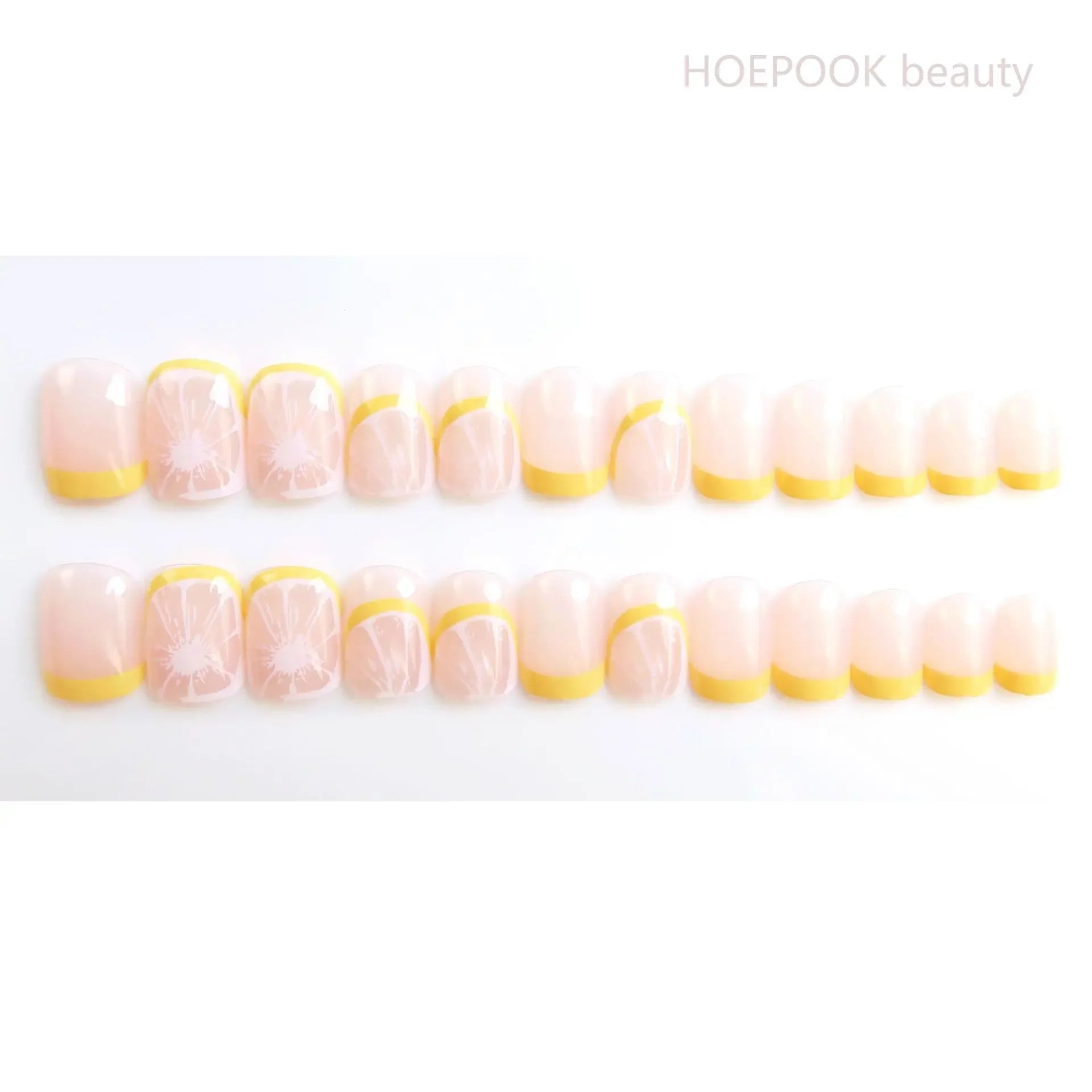 24pcs French Lemon Full Cover Artificial Fake Nails Art Seamless Removable Coffin False Nails With Glue Girls Press On Nail Tips