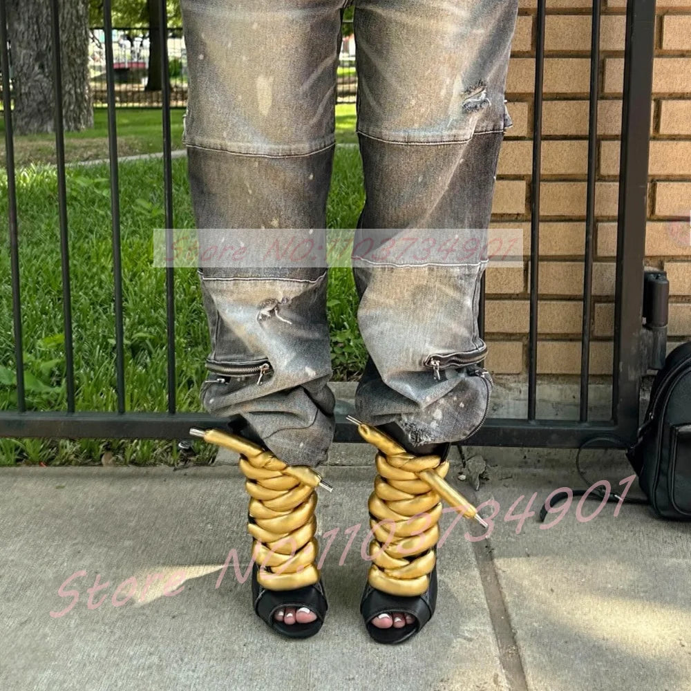 Gold Bold Rope Lace-up Peep Toe Ankle Boots Women High Heels Mixed Colors Boots Ladies Fashion Party & Nightclub Footwear