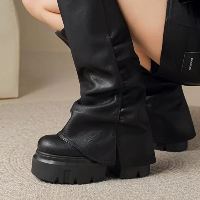 Women Long Boots Platform High Heels Shoes Knee High Boots 2025 Winter Trend Motorcycle Boots Leather Shoes Mujer Chelsea Botas