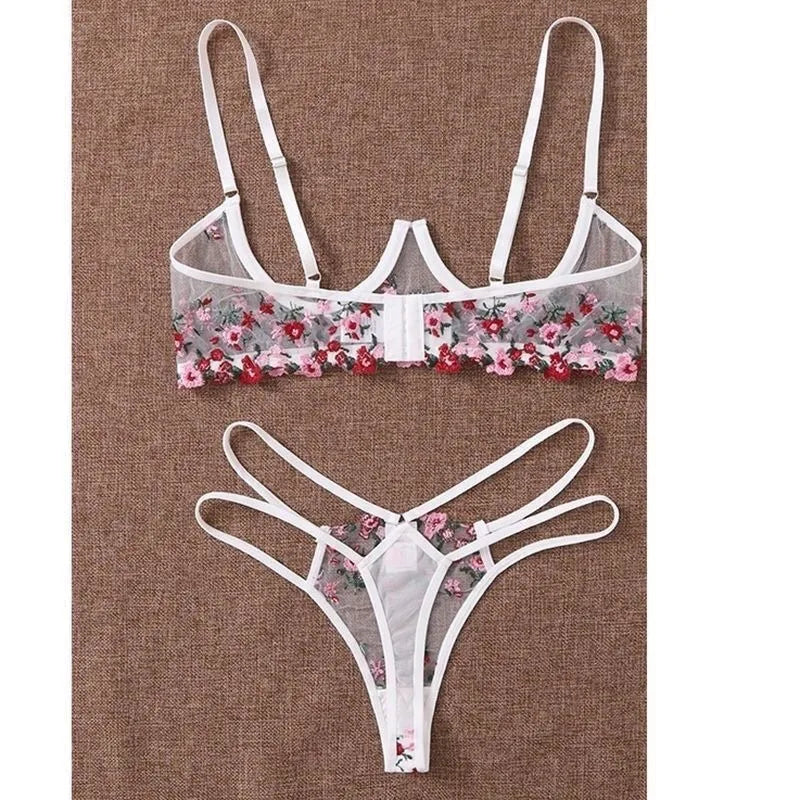 Sexy Underwire Set Floral Lace Sheer Lingerie See The Through Mesh Push Up Breathest Embroidered Bra Panties 2 Pcs Set