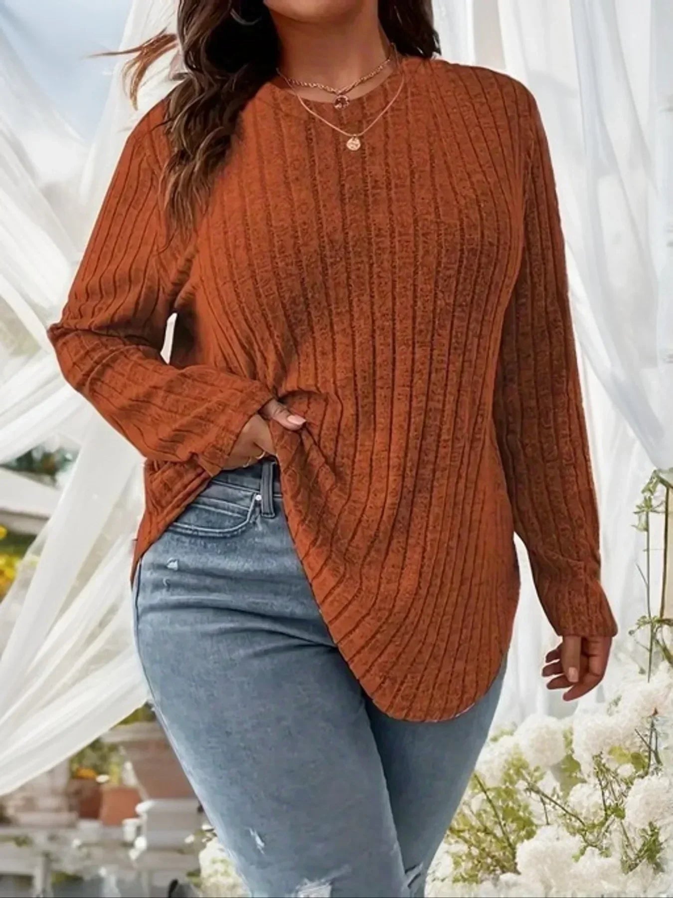 Plus Size Solid Color Long Sleeve Brushed Tee