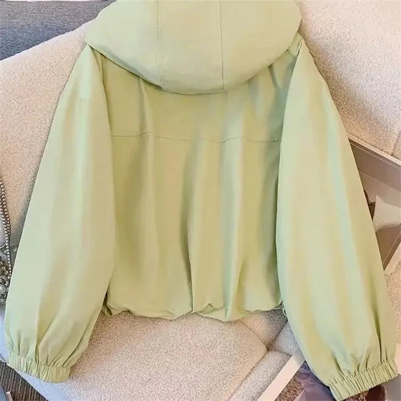 Hooded Jacket Women's Spring Autumn 2025 New Short Long sleeved Coat Female Workwear Loose Casual Versatile Zipper Jackets Top