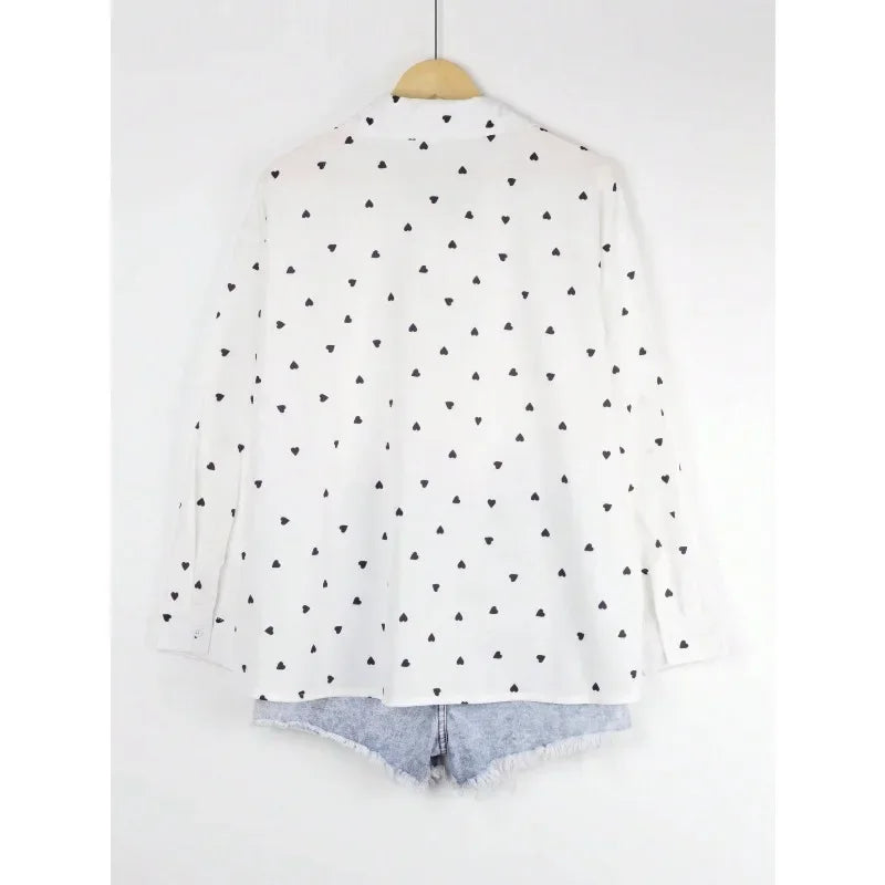 Plus Size Polka Dot Lapel Long Sleeve Blouse