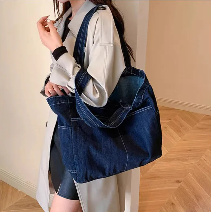 Vintage Denim Tote Bag, Retro Large Capacity Shoulder Bag, Women's Casual Handbag & Shopping Bag  Women Handbags