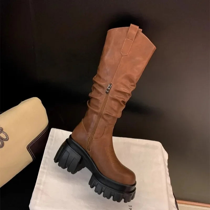 Big Round Toe Thick Heel Embroidered Pleated Knee High Boots Women Retro Autumn Winter Stacked Knight Boots Western Cowboy Boots