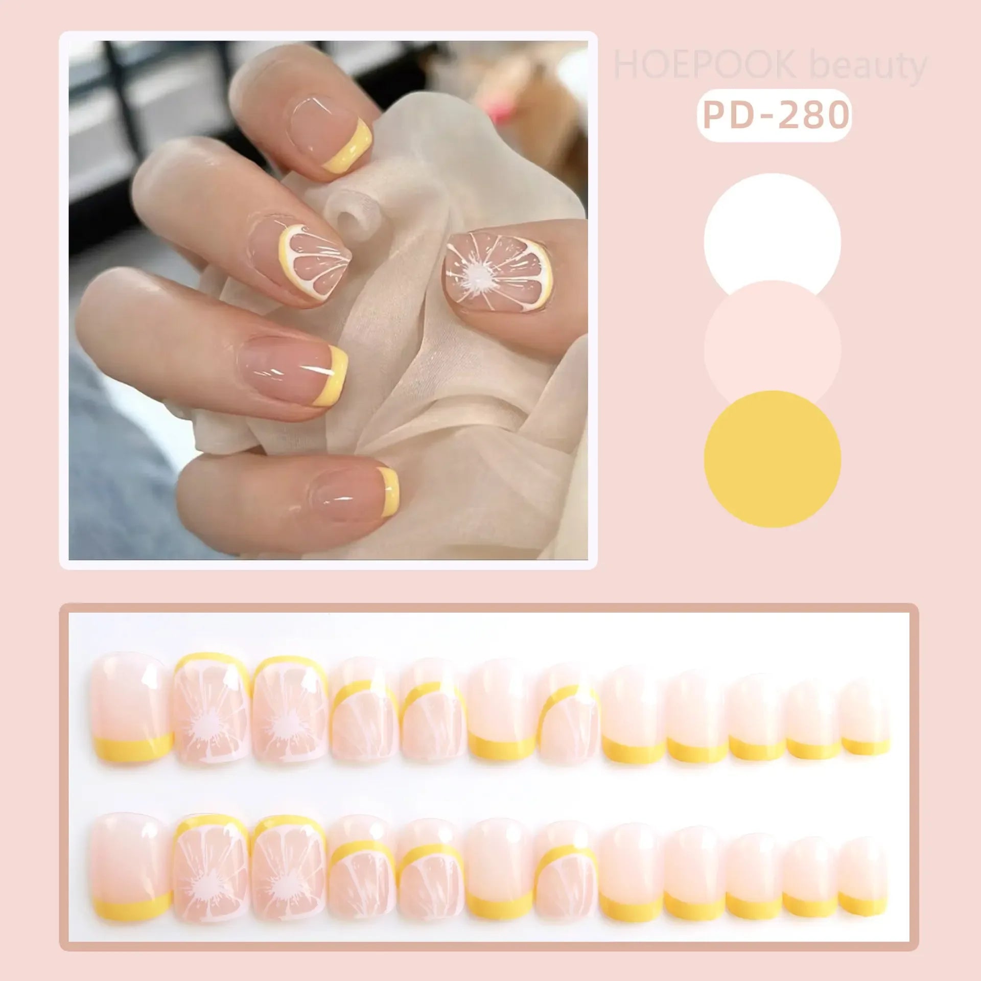 24pcs French Lemon Full Cover Artificial Fake Nails Art Seamless Removable Coffin False Nails With Glue Girls Press On Nail Tips