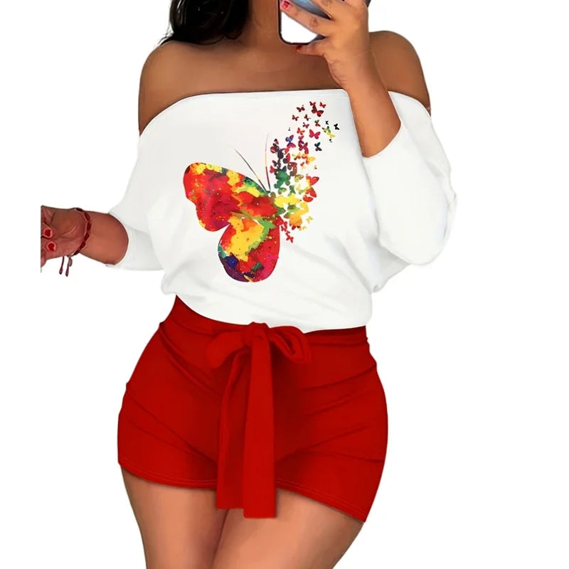 Plus Size Shoulder-Baring Print Two-Piece Set