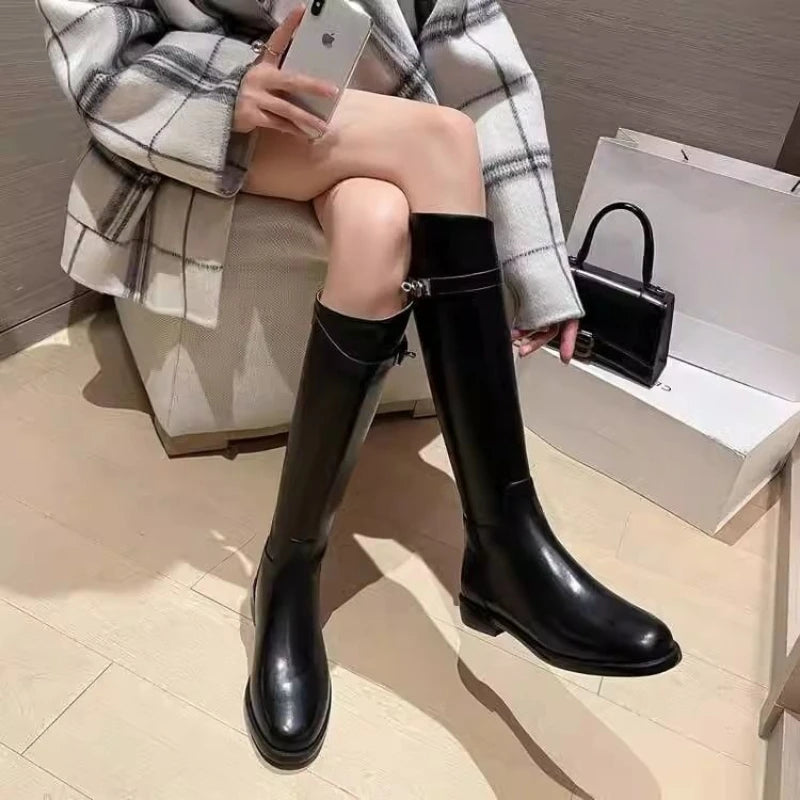 Black Leather Elegant with Low Heels Ladies Knee High Shaft Shoes Trend 2025 New in Comfortable Hot Rock Y2k Women's Long Boots