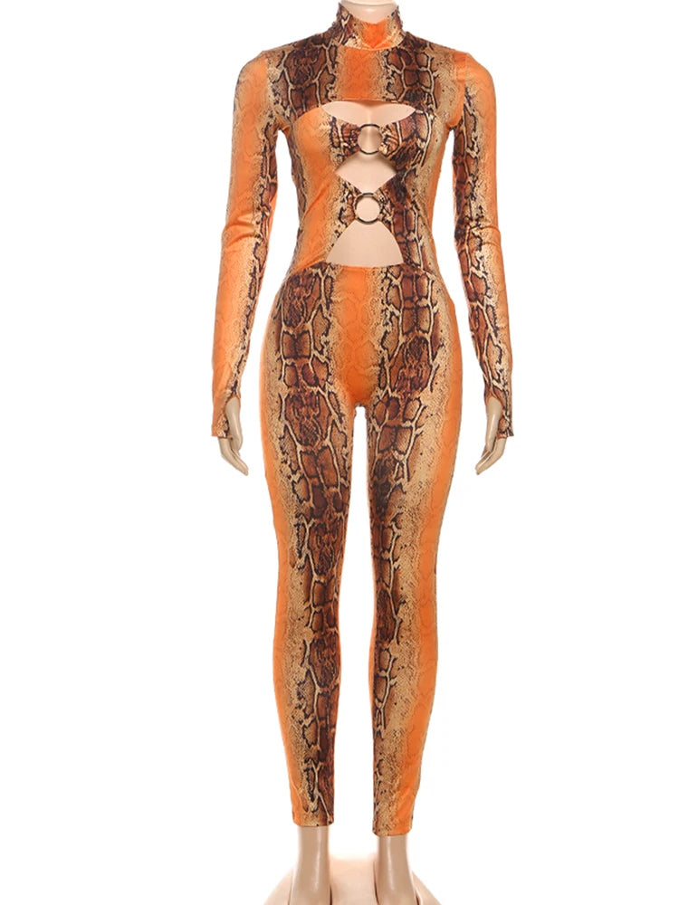 Hollow Serpentine Print Full Sleeve Jumpsuit