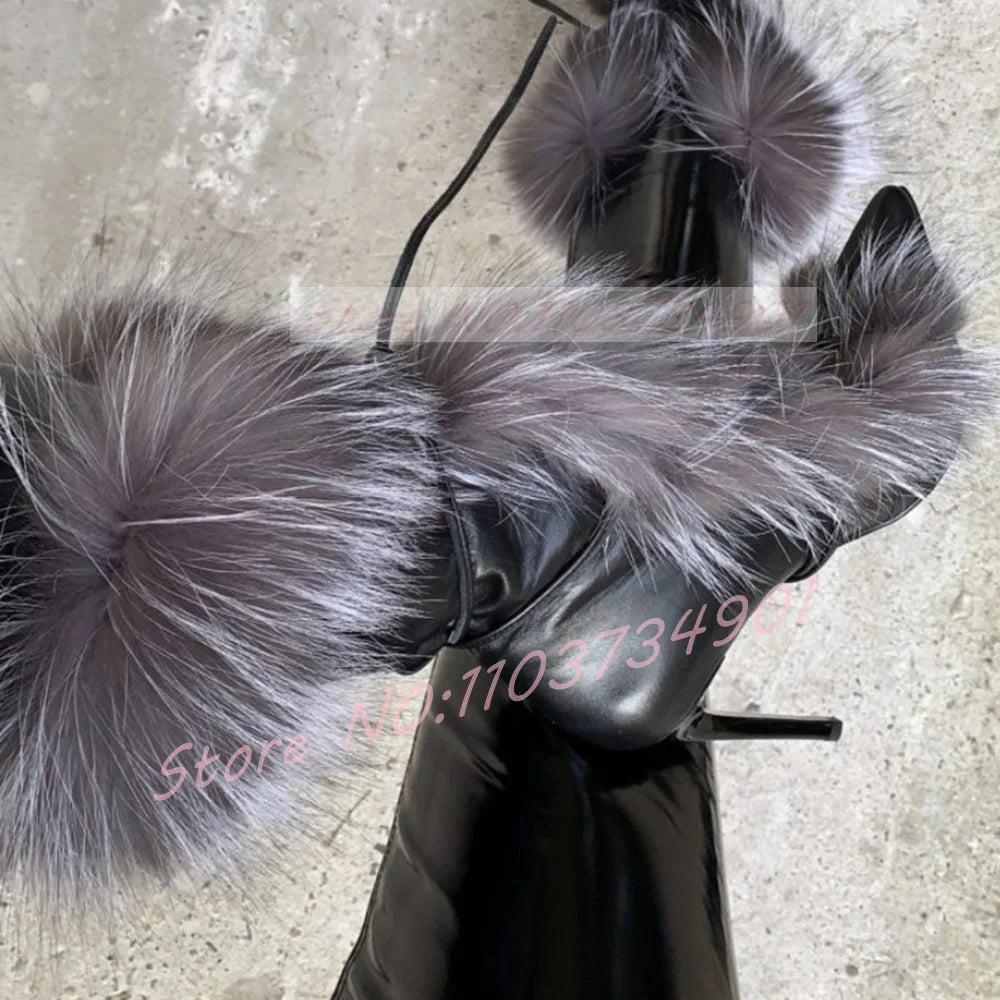 Real Fur Strap Mid Calf Boots Women Sexy Pointed Toe Lace-up Cross Strap High Heels Shoes Lady Big Size Party Street Style Boots