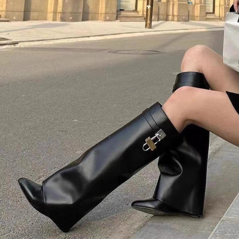 8cm Heel Wedges Soft Leather Pointed Toe Knee High Boots Women 2025 Autumn Fashion Shoes Street Style Mordern Long Botas Mujer