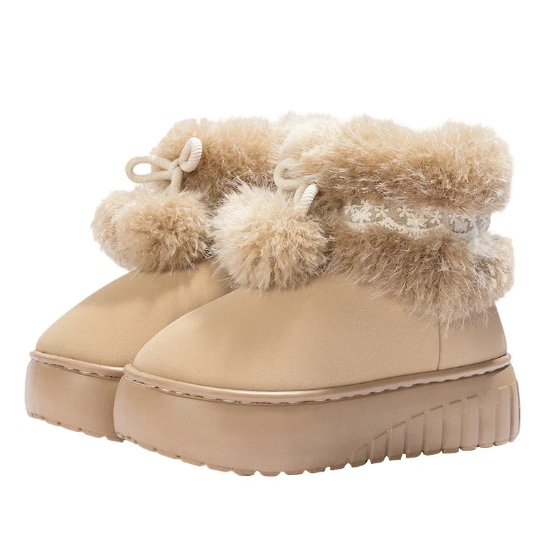 Women Fashion Snow Boots Warm Faux Fur Winter Platform Shoes Thick Sole Cute Plush Balls Female Indoor Street Short Botas