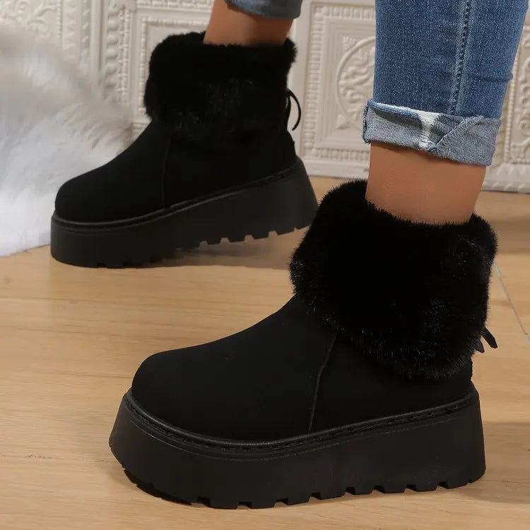 High Heel(5-8cm)Suede Boots Slip-On Snow Boots Winter Rubber Round Toe Mid-Calf Faux Short Plush