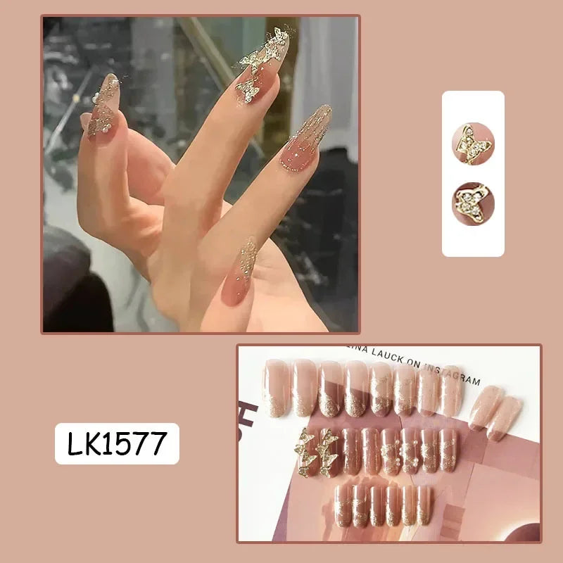 Pink Fake Nails Press on Nail Designs Art Long Tips False Forms with Glue Stick Stickers Reusable Set Acrylic Artificial