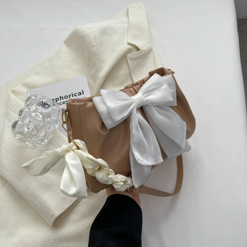 Lovely Bow Handbags for Girls Ladies Fashion Pleated Shoulder Bags for Women Simple Design Female Underarm Bag Casual Tote Purse