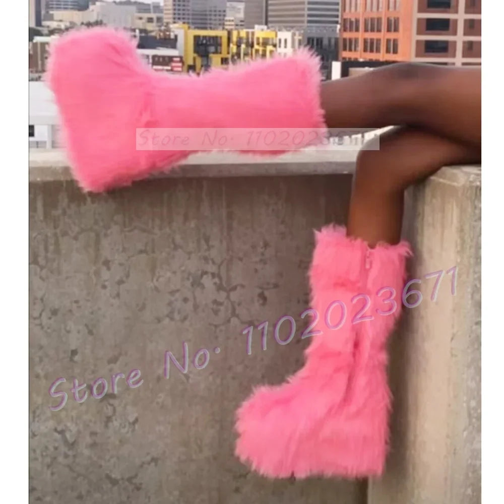 Chunky Heel Platform Tall Boots With Fur Women Fashion Winter Warm Furry Shoes Girl's Lovely Festival Side-zip Knee High Boots