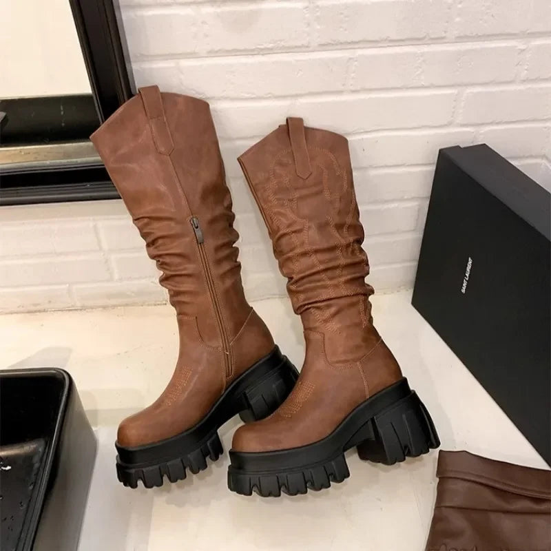 Big Round Toe Thick Heel Embroidered Pleated Knee High Boots Women Retro Autumn Winter Stacked Knight Boots Western Cowboy Boots