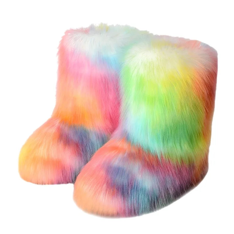 New Winter Faux Fur Onepiece Raccoon Fur Female Snow Boots Fur Shoes Outdoor Mid Leg Boots