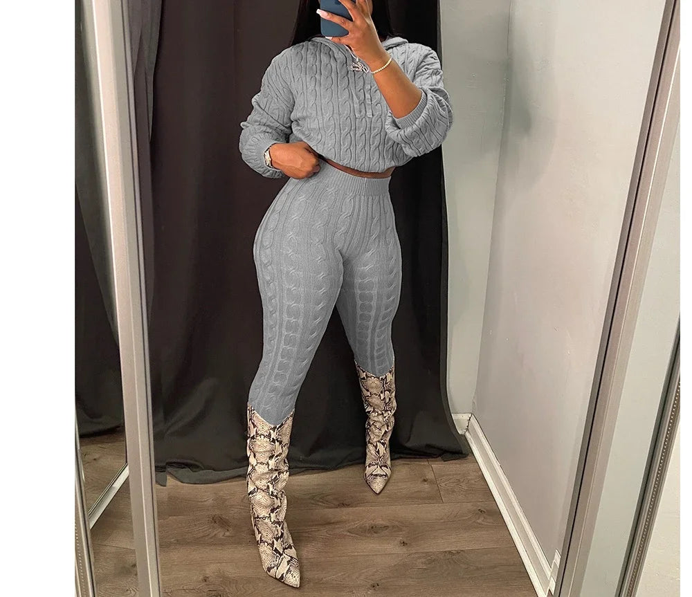 2 Piece Sets Womens Outfits Fashion Long Sleeve Cable Knit Hooded Sweater & Pants Suit Streetwear 2024 Autumn Winter Casual New