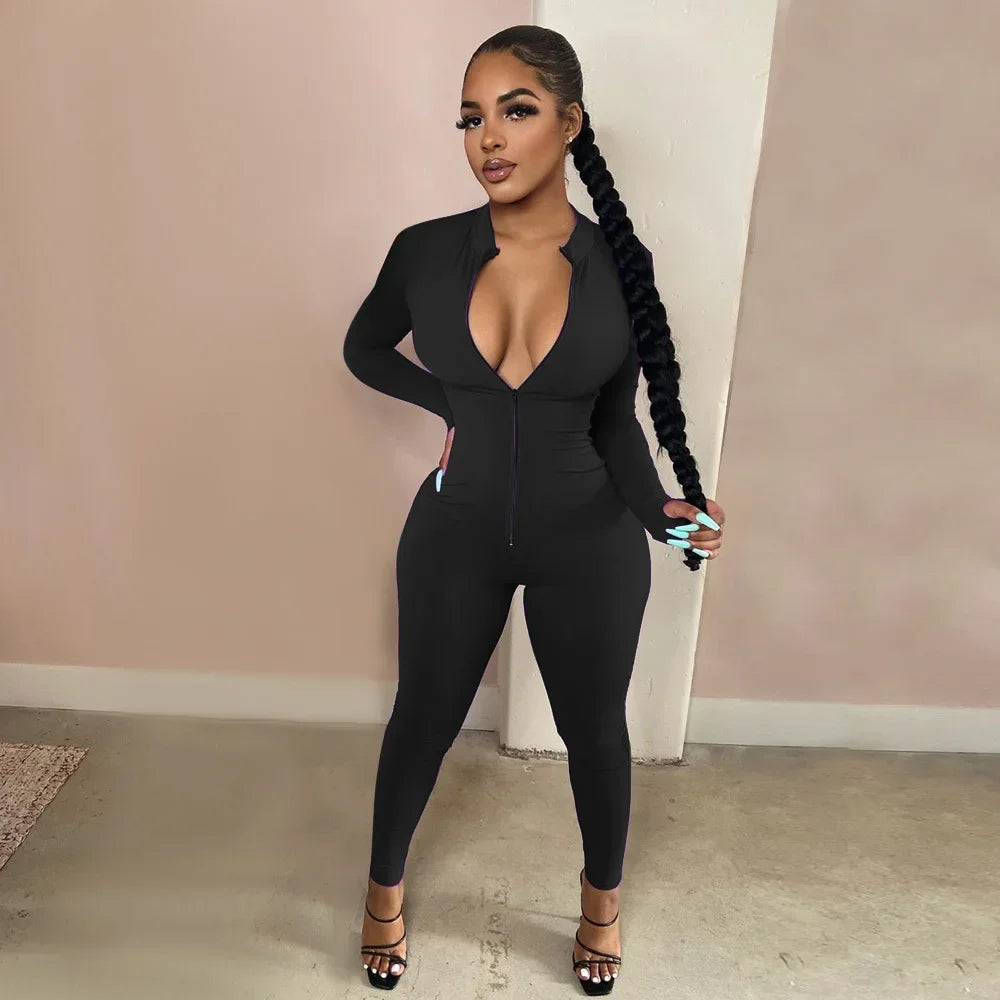 Deep V Zip-Up Bodycon Jumpsuit
