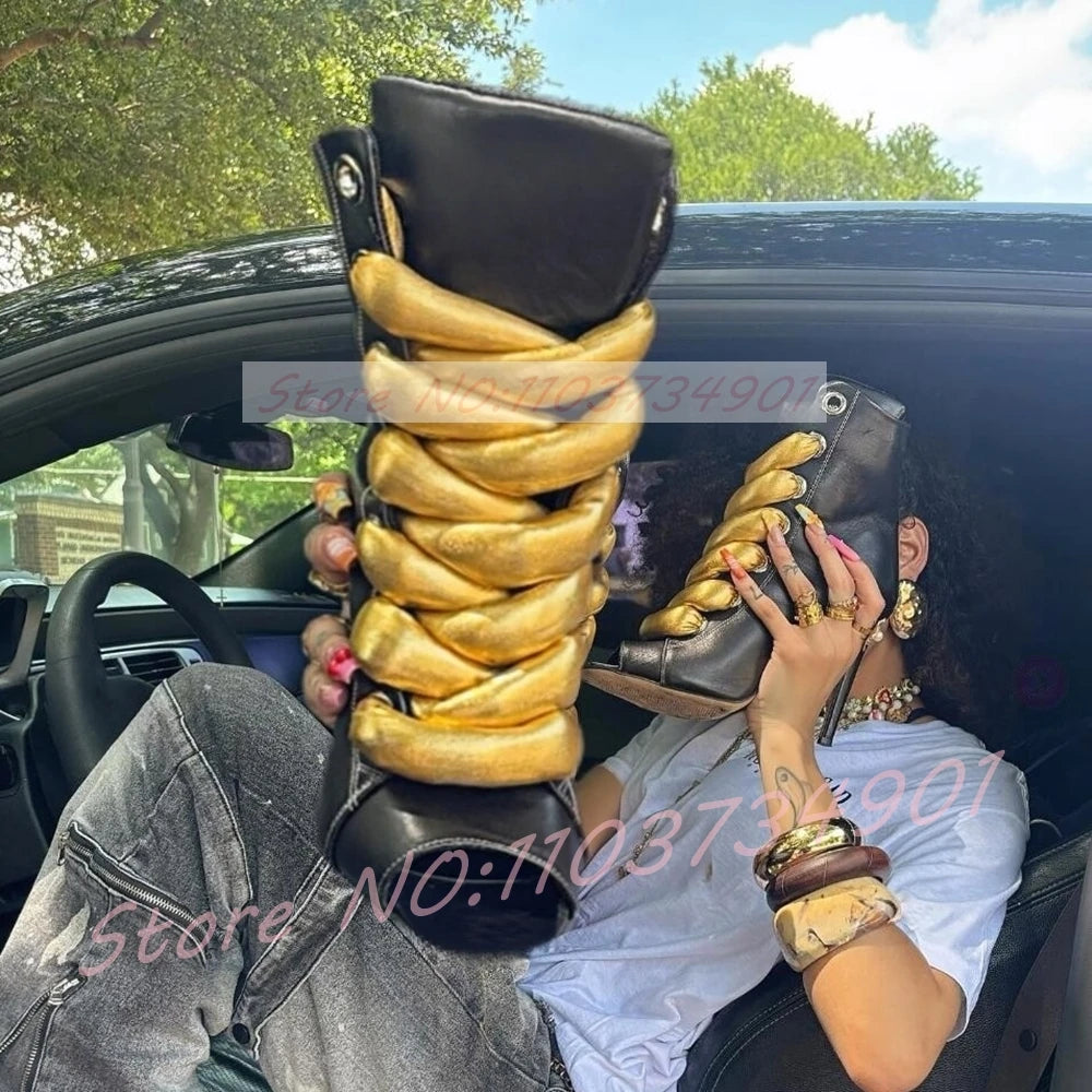 Gold Bold Rope Lace-up Peep Toe Ankle Boots Women High Heels Mixed Colors Boots Ladies Fashion Party & Nightclub Footwear