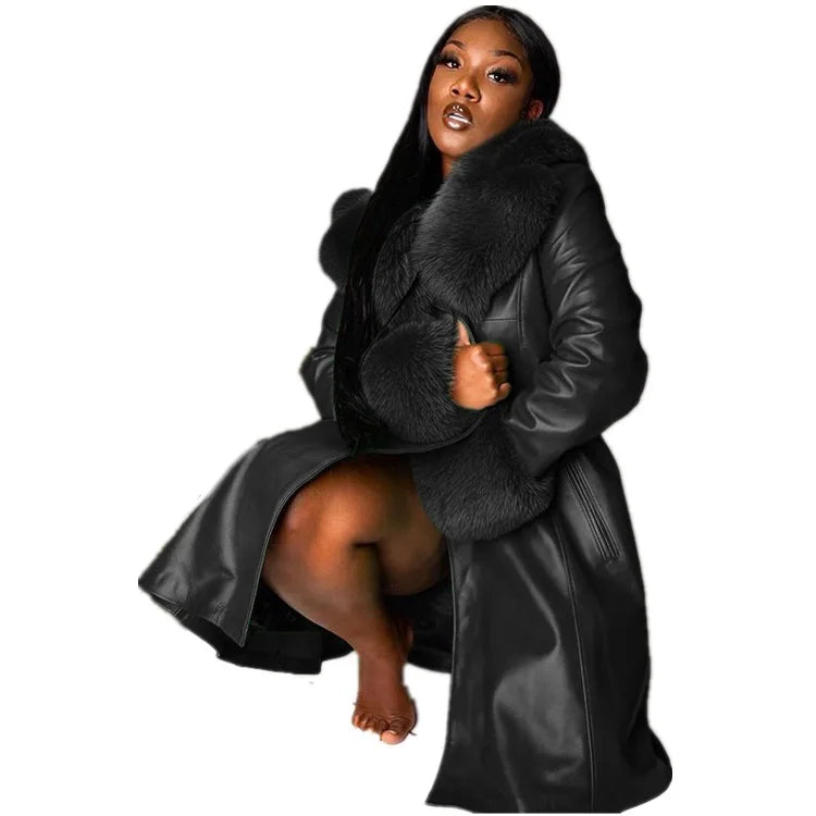 Women Coat Fashion Casual Solid Color Long Sleeve Pu Leather Fur Turn Down Collar Zipper Warm Autumn Winter