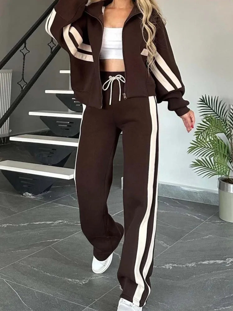 Fashion Striped Hoodie Set For Women Casual Long Sleeve Zip Tops+High Waist Wide Leg Pants 2 Piece Sets Lady Y2k Sports Clothes