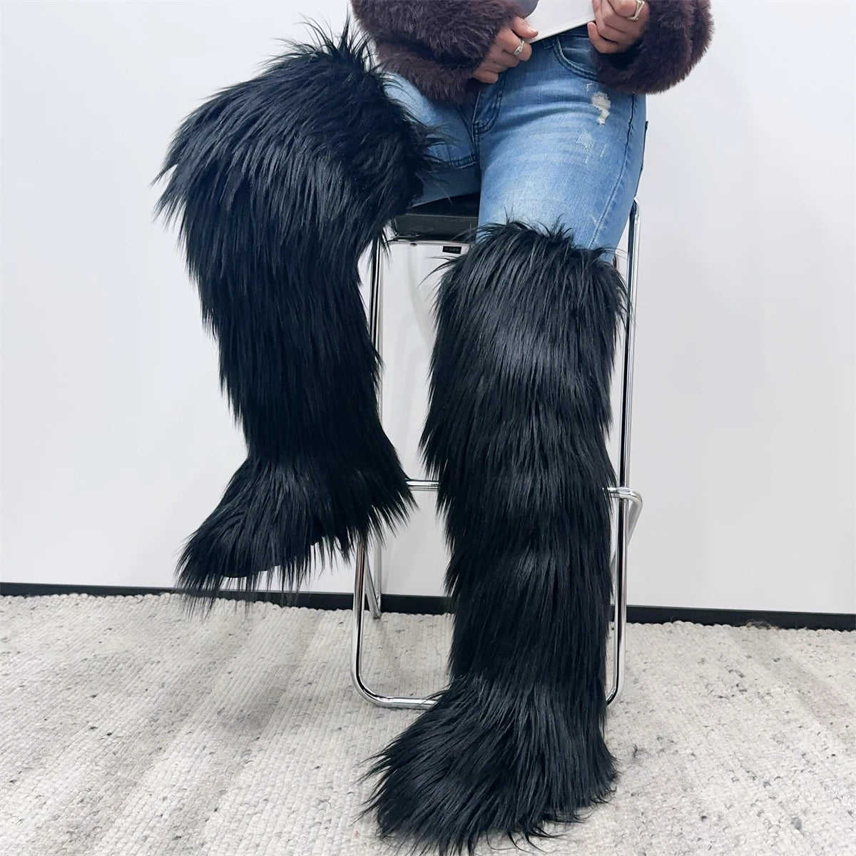 Over The Knee  Thigh High Mongolian Fur Boots Faux Tall Boots for Women