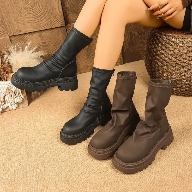 2025 New Platform Heel Women Short Boots Fashion Back Zippers Ankle Boots Retro Style Autumn Winter Female Shoes Женские ботинки