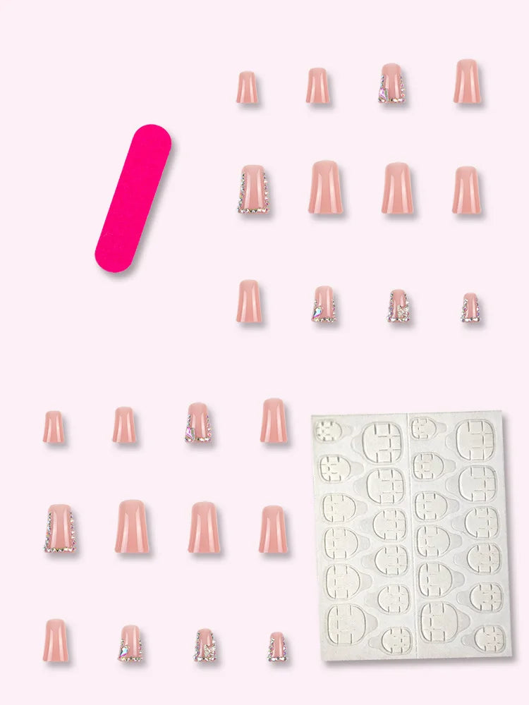 24 Pieces Nude Sparkling Diamond French Duckbill False Nails Press-On Tips Wearable Model Style False Nails