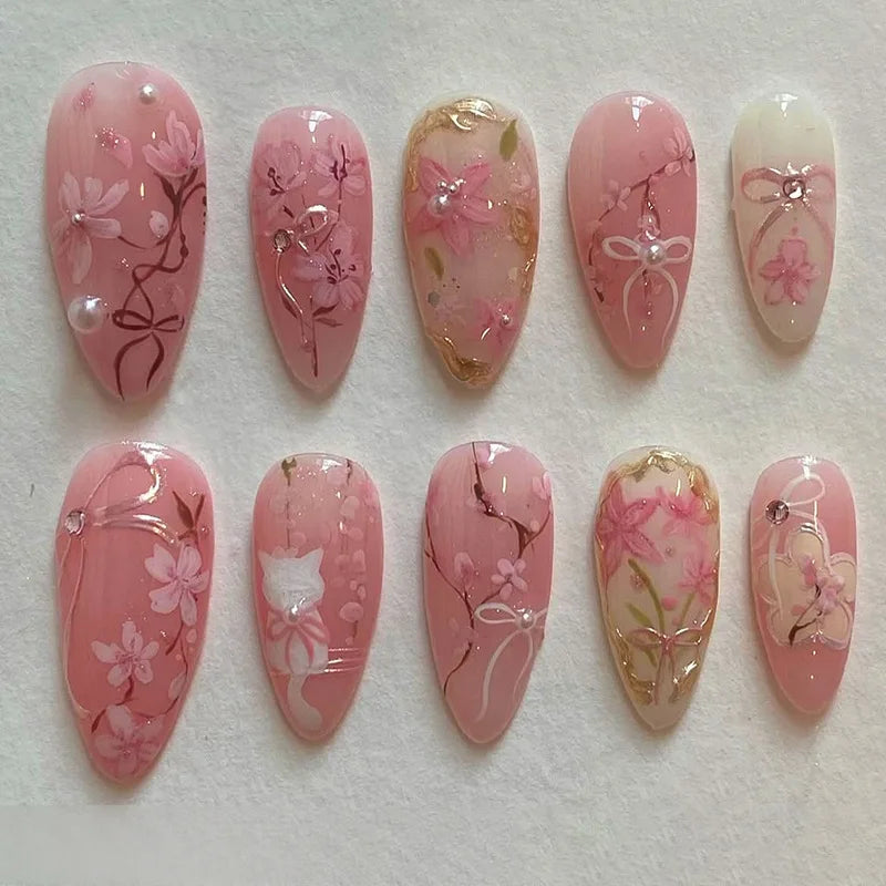 24Pcs Mid-length Almond Press on False Nails 3D Ripple Flower Design Full Cover Nails Tips Bow Strawberry Detachable Fake Nails