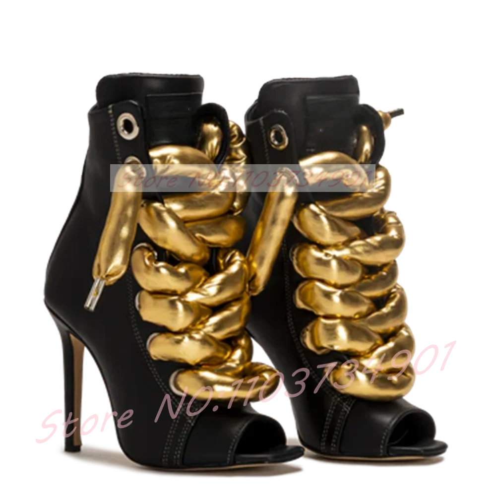 Gold Bold Rope Lace-up Peep Toe Ankle Boots Women High Heels Mixed Colors Boots Ladies Fashion Party & Nightclub Footwear