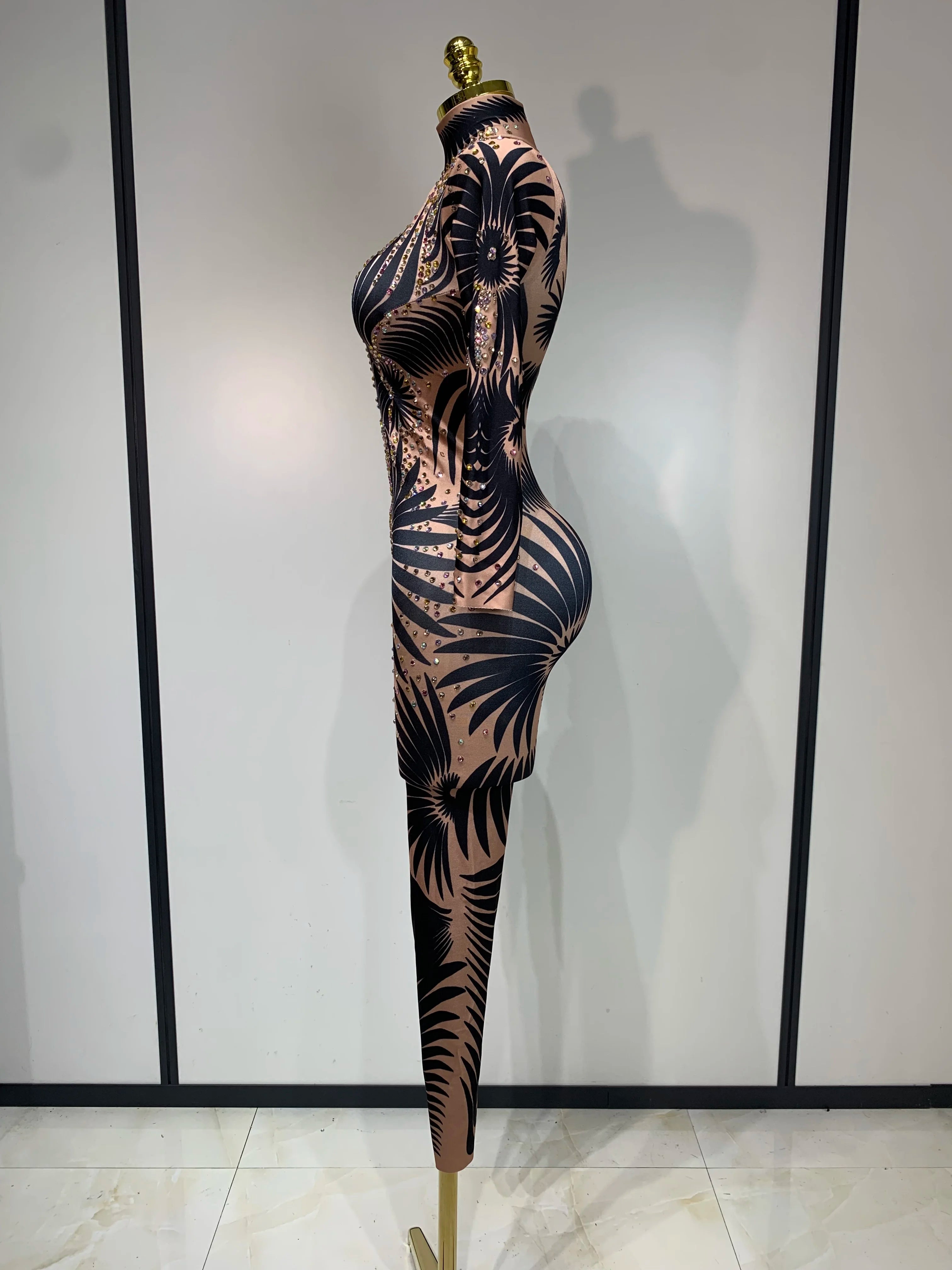 Rhinestone Print Long Sleeve Performance Jumpsuit