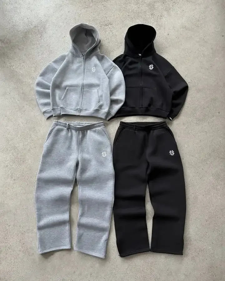 2025 American casual zipper hoodie sweatpants two-piece y2k clothing men's hip-hop embroidered oversized sweatpants casual pants