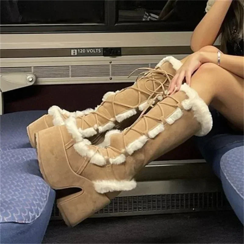 New Winter Women's Snow Boots Platform Wedge High Heel Faux Fur Womens Boots Plush Warm Non-slip Platform Boots Botas Para Mujer