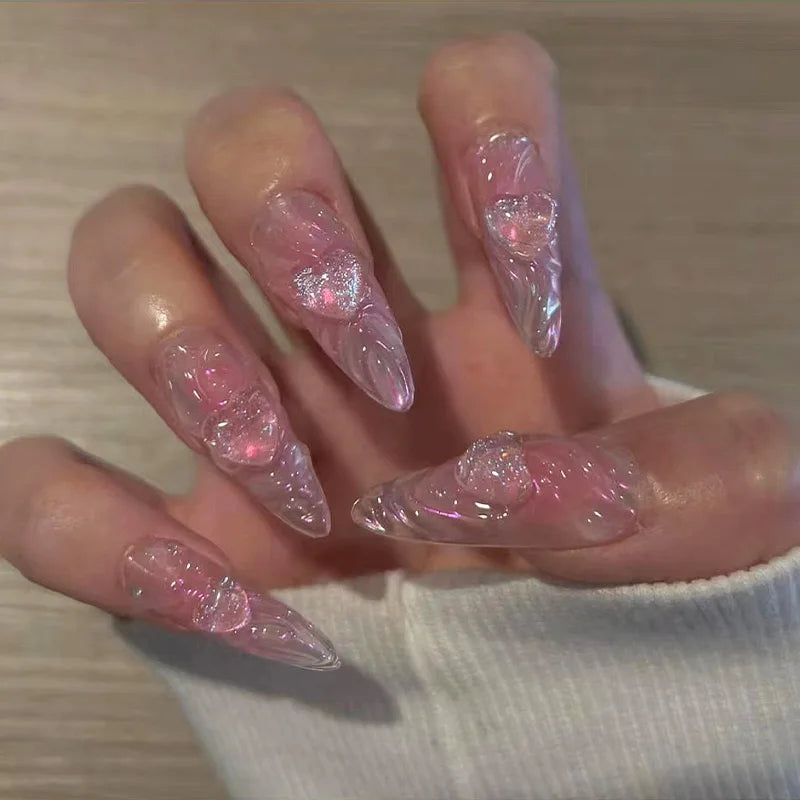 24Pcs Simple Dark Green Long 3D Press on Almond False Nails Wearable Finished Fingernails Nail Art