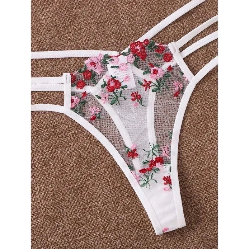 Sexy Underwire Set Floral Lace Sheer Lingerie See The Through Mesh Push Up Breathest Embroidered Bra Panties 2 Pcs Set