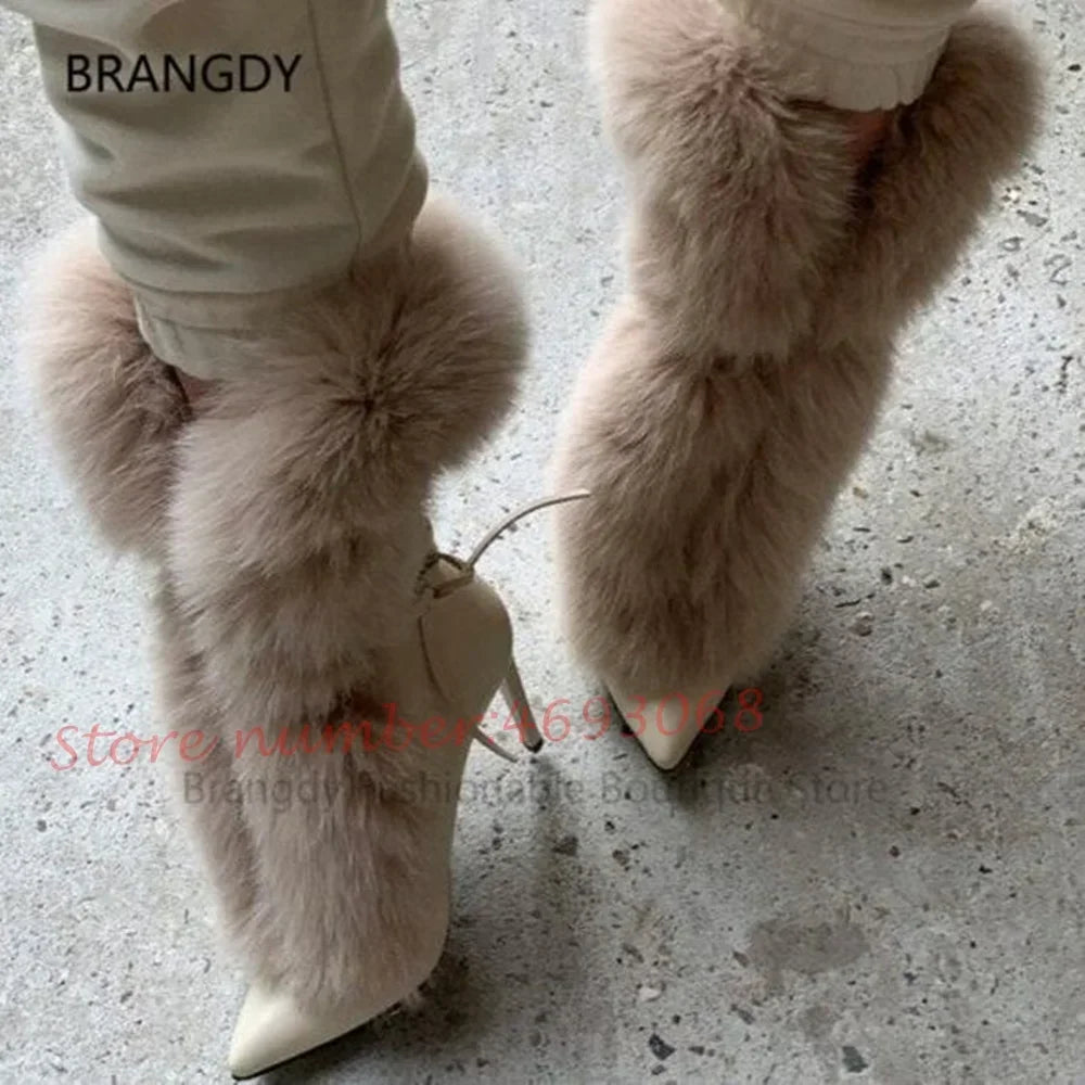 Fluff Pointy Women Ankle Boots Newest White Plush Fur High Stiletto Heel Lace-up Short Boots Female Luxury Slip On Fashion Shoes