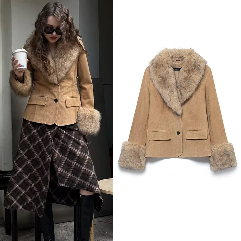 Women's Jacket 2025 New Fashion Autumn Winter Suede Leather Effect Jacket and With Big Fur Collar Casual Chic Women Clothes