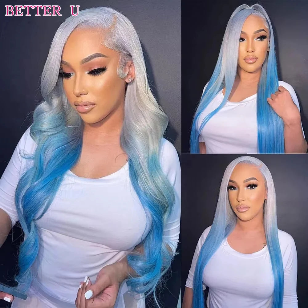 Brazilian Straight Blue-White Gradient Lace Front Wig (13×4/13×6)