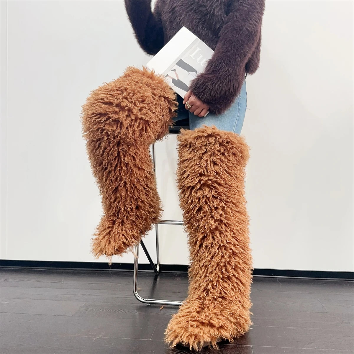 Over The Knee  Thigh High Mongolian Fur Boots Faux Tall Boots for Women