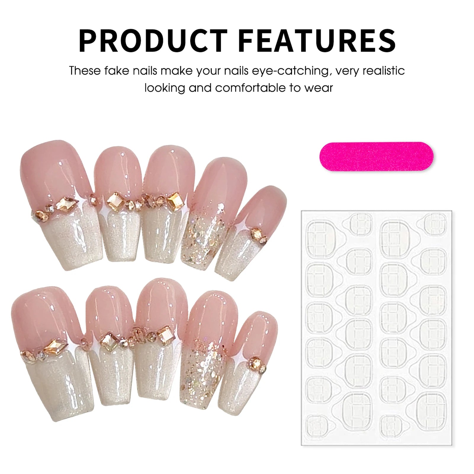 Champagne French Press On Nails Mid-length Gradient Pink Cat's Eye Handmade False Nails Glossy Diamond Decor Gentle Manicure Art