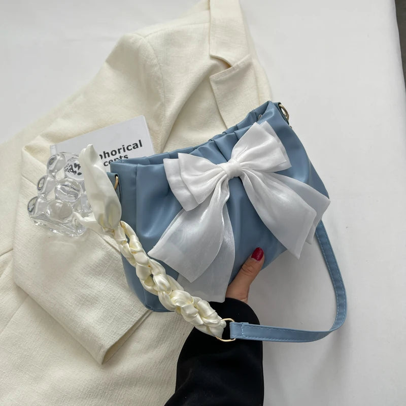 Lovely Bow Handbags for Girls Ladies Fashion Pleated Shoulder Bags for Women Simple Design Female Underarm Bag Casual Tote Purse