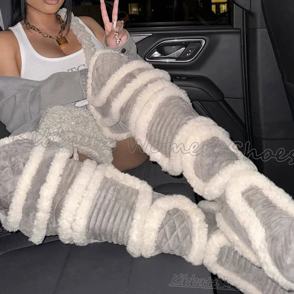 Furry Over The Knee Boots Patchwork Suede Mixed Color Novelty Fashion Luxury Elegant Concise Sexy Pointed Toe Thin Heels Newest