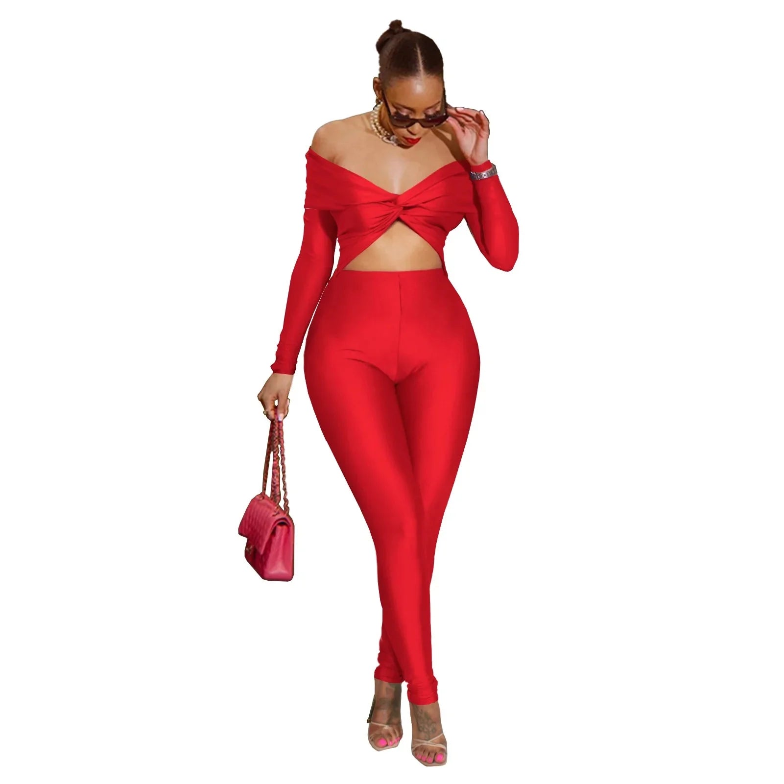 Sexy High-Waist Long-Sleeve One-Piece Suit GL6755 Hollow out Collar Knot Design Cross-Border Women's Fashion Crop Top Bottoms