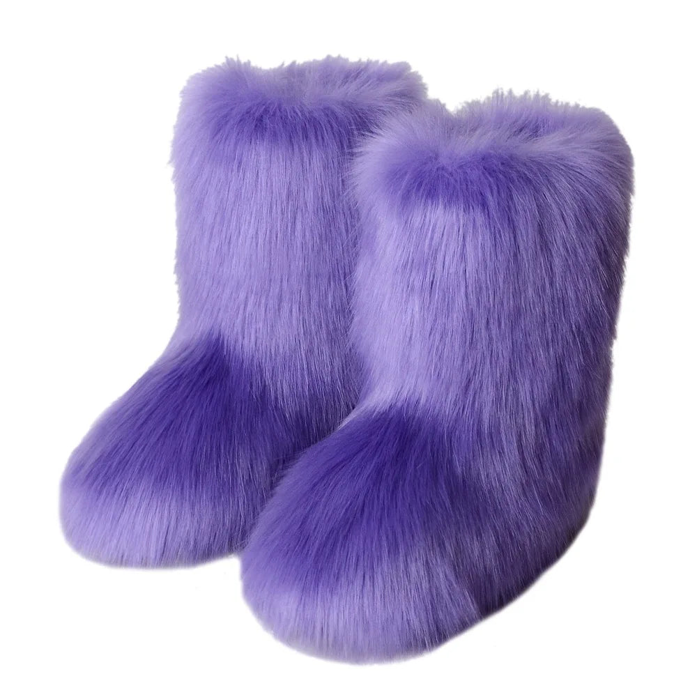 New Winter Faux Fur Onepiece Raccoon Fur Female Snow Boots Fur Shoes Outdoor Mid Leg Boots