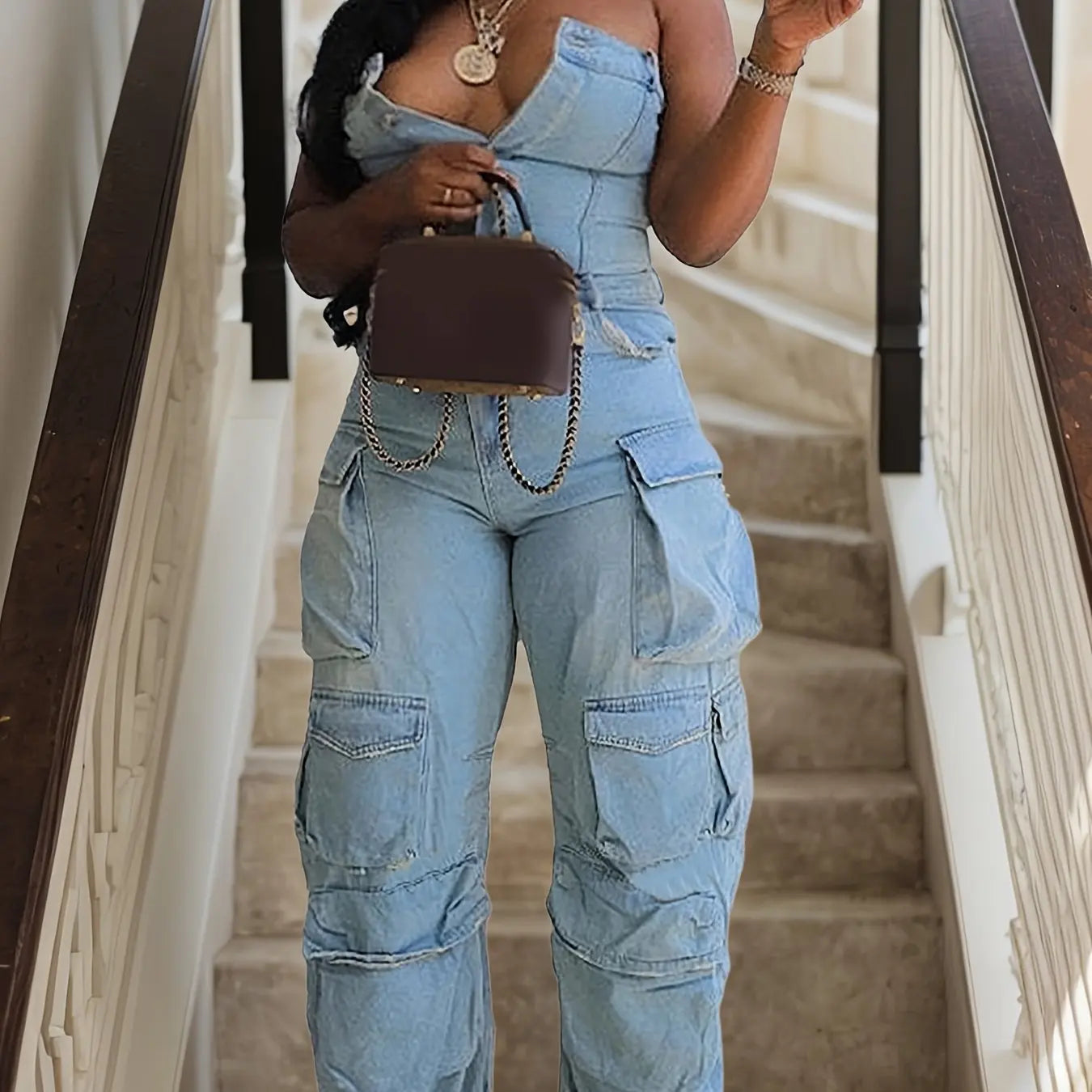 Cross-Denim Casual Jumpsuit