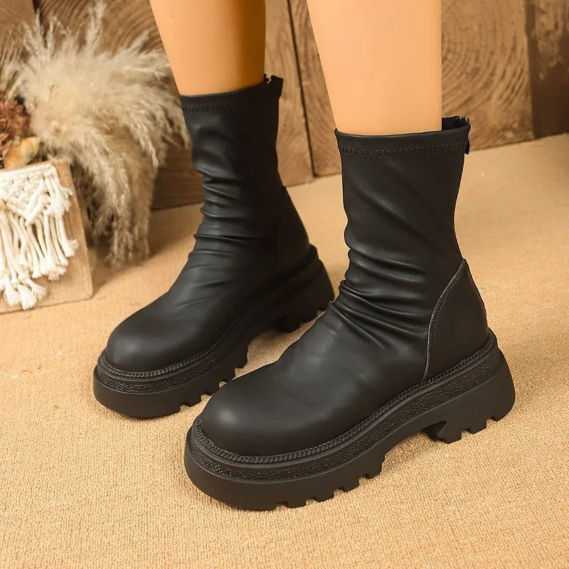 2025 New Platform Heel Women Short Boots Fashion Back Zippers Ankle Boots Retro Style Autumn Winter Female Shoes Женские ботинки