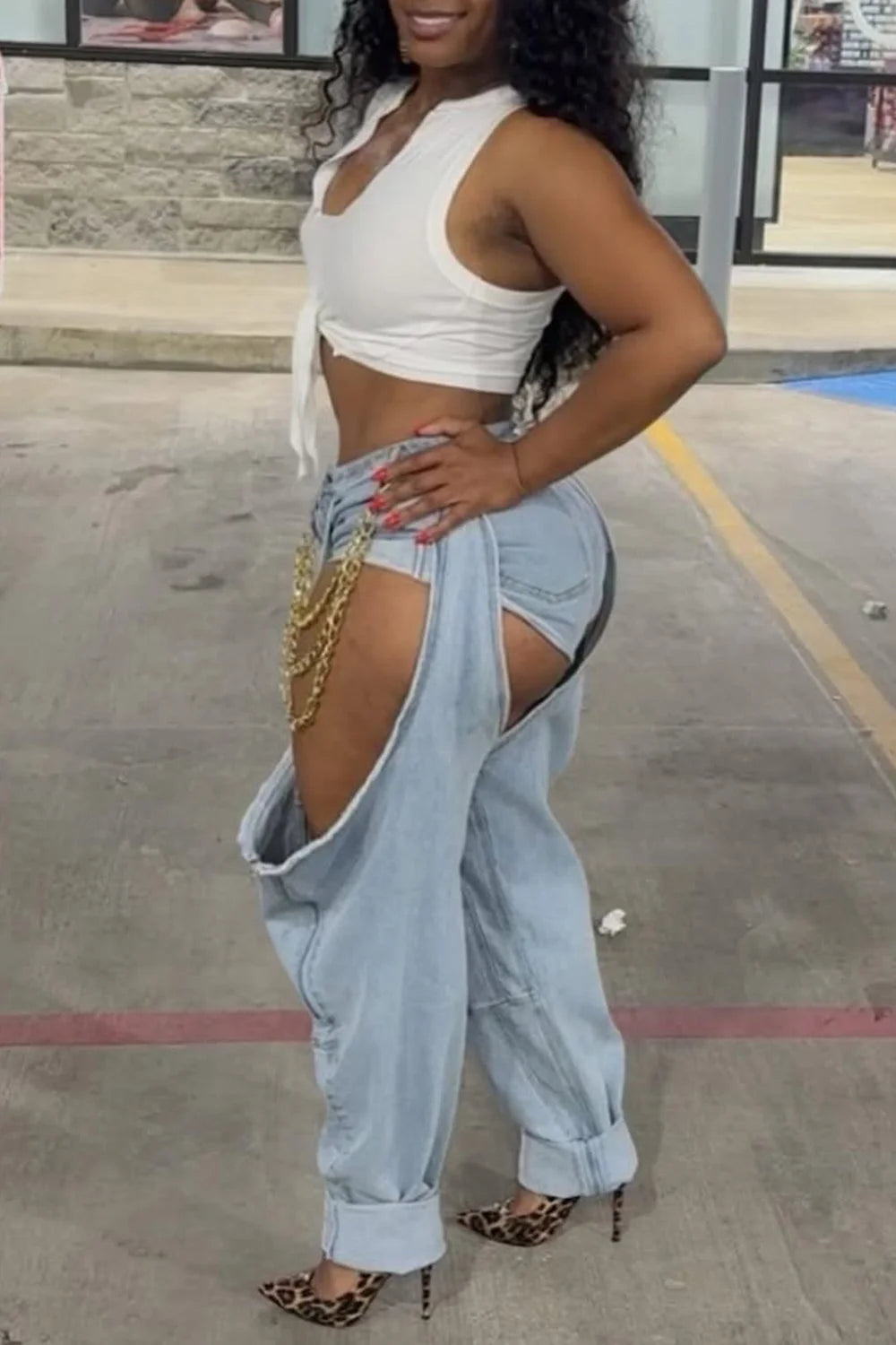 Plus Size Party Blue Casual Cut Out Denim Jeans